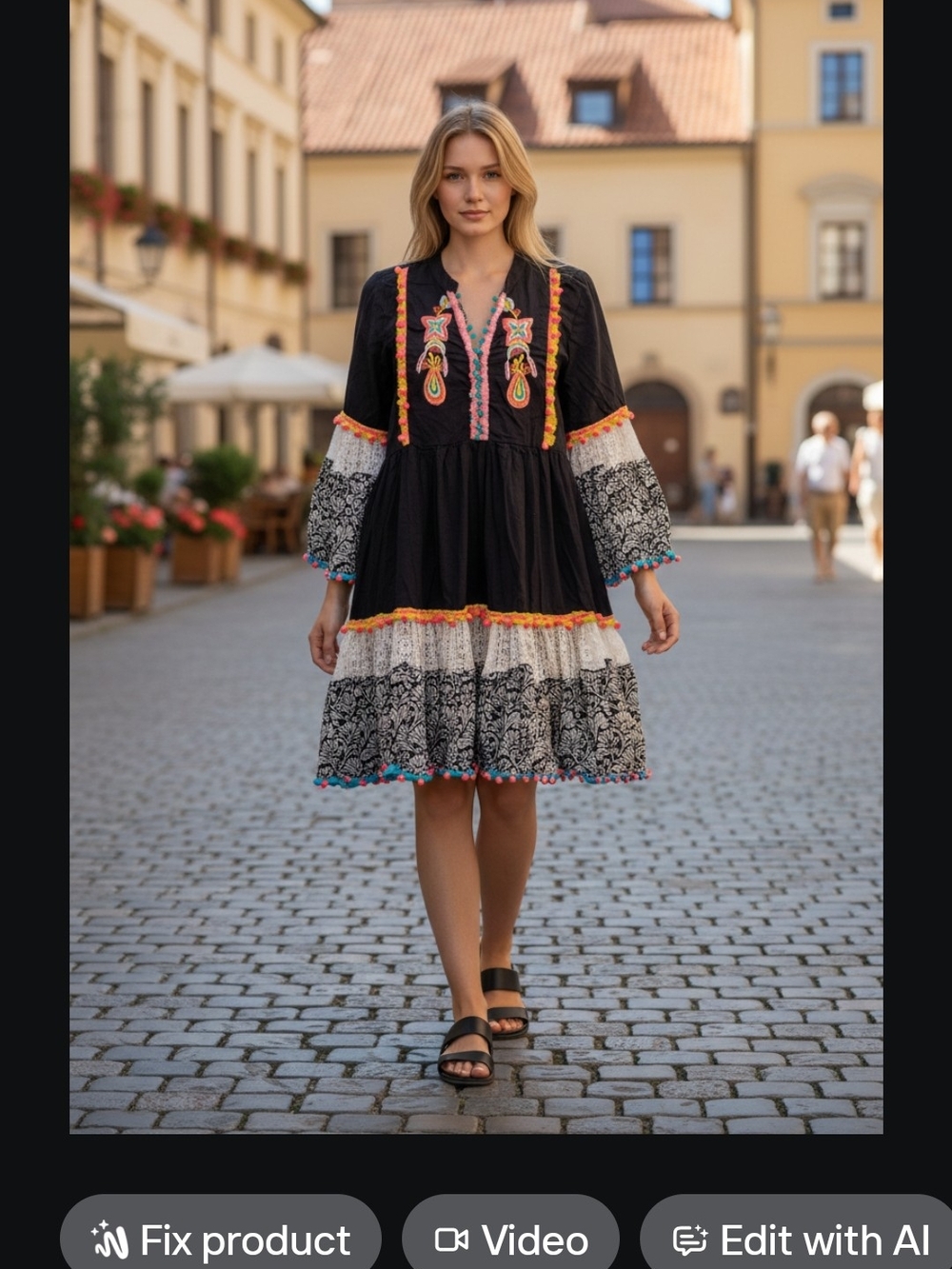 Embroidered Black Tiered Boho Dress with Multicolor Accents EARRINGS INCLUDED